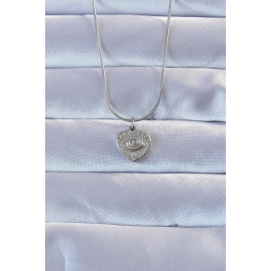 316L Gümüş Renk Zirkon Taşlı İşlemeli Göz Detay Kalp Kolye