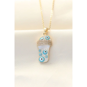 316L Zinciri Çelik Zirkon Taşlı Gold Renk Nazar Boncuklu Terlik Kolye