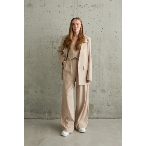 Bej Çizgili Ceket - Yelek Ve Pantolon Takım