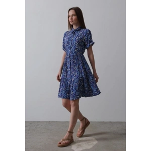 Baskılı Keten Elbise - Lacivert-Beyaz