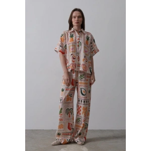 Baskılı Kısa Kol Pantolon Takım - Taş-Oranj
