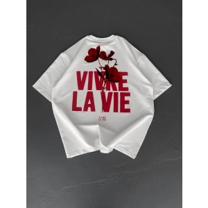 Baskılı Oversize Bisiklet Yaka T-shirt - Beyaz