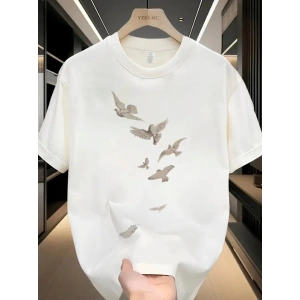 Baskılı Oversize Bisiklet Yaka T-shirt - Beyaz