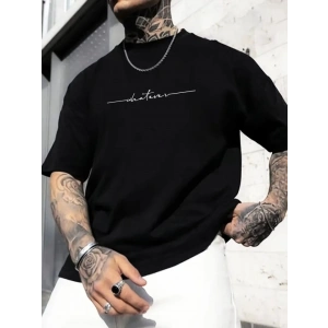 Baskılı Oversize Bisiklet Yaka T-shirt - Siyah