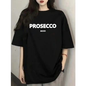 Baskılı Oversize Bisiklet Yaka T-shirt - Siyah