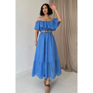 Bebe Mavi Omzu Lastikli Brode Elbise