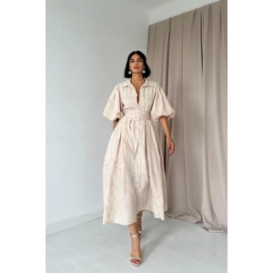 Bej Pileli Balkon Elbise