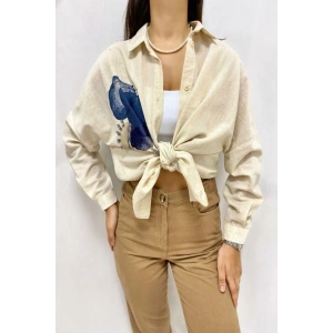 Bej Taş İşlemeli Keten Gömlek