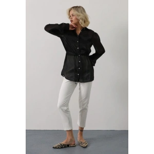 Belden Bağlamalı Uzun Kol Gömlek - Siyah