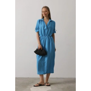 Beli Lastikli Elbise - Mavi