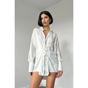 Beyaz Jesica Parçalı Bağcıklı Gömlek