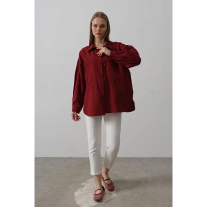 Boncuk Nakış Detaylı Uzun Gömlek - Bordo