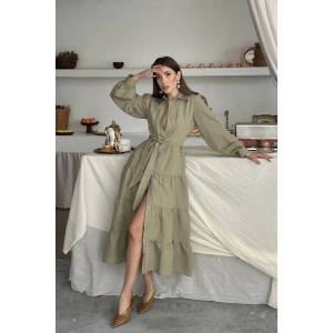 Çağla Çizgi Desenli Uzun Elbise