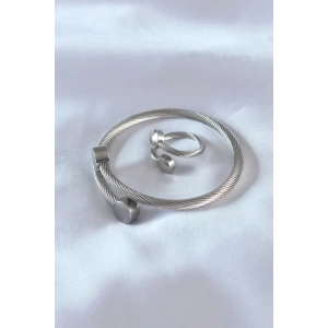 Çelik Gümüş Renk Sıkı Burgu Model Erkek Bileklik Yüzük Seti