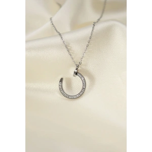 Çelik Silver Renk Zirkon Taşlı Çivi Model Kadın Kolye