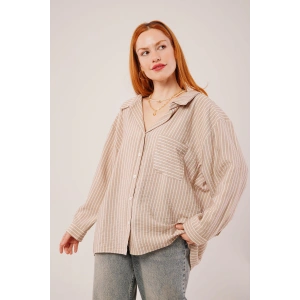 Çizgi Detaylı Cepli Camel Gömlek