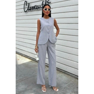 Çizgili Viscon Keten Yelekli Rahat Takım 10121