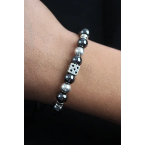 Doğal Taş Zar Model Gümüş Ve Füme Renk Asansörlü Erkek Bileklik