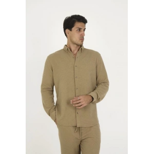 Düğmeli Tam Kalıp Uzun Kol Jakar Gömlek - Kahverengi