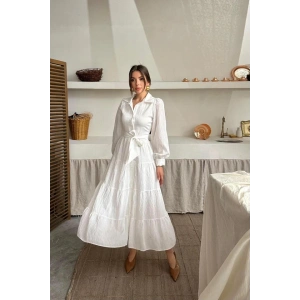 Ekru Çizgi Desenli Uzun Elbise