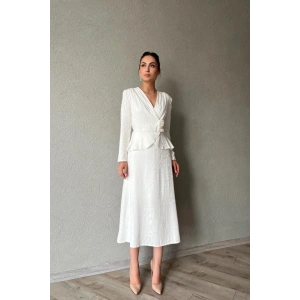 Ekru Pile Detaylı Kruvaze Elbise