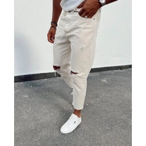 Erkek Açık Krem Yırtık Detaylı Boyfriend Jean