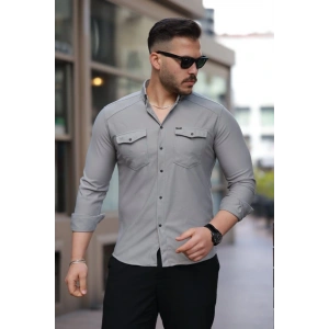 Erkek çift Cepli çıtçıt Düğmeli Uzun Kollu Gömlek