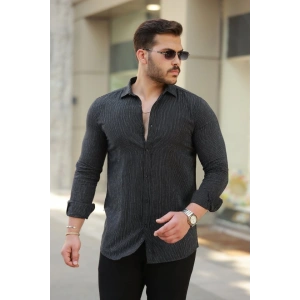 Erkek çizgi Desenli Uzun Kollu Pamuklu Keten Gömlek