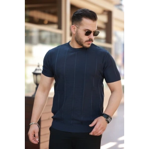 Erkek Desenli çizgi Kabartmalı Kısa Kollu Tişört