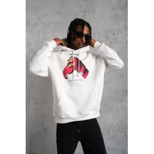 Erkek Eldiven Baskılı Kapüşonlu Sweat - Beyaz