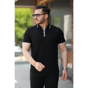 Erkek Fermuar Yakalı çizgi Detaylıkısa Kollu Tişört