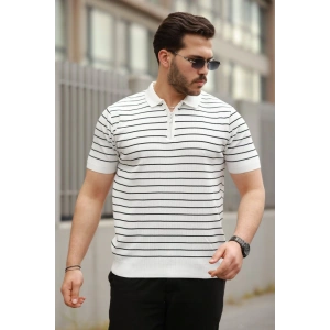 Erkek Fermuar Yakalı çizgili Kısa Kollu T-shirt