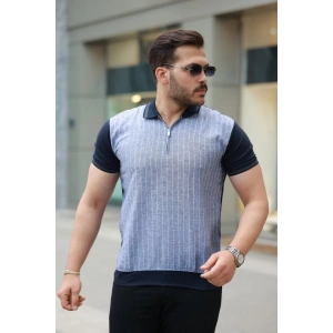 Erkek Fermuar Yakalı çizgili Kısa Kollu Tişört