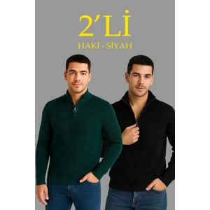 Erkek Fitilli Triko Kazak 2’li Set – Siyah - Haki Kalın Dokuma Pamuklu Regular Fit V Yaka Fermuarlı Uzun Kollu Rahat Kışlık Kazak Kombini