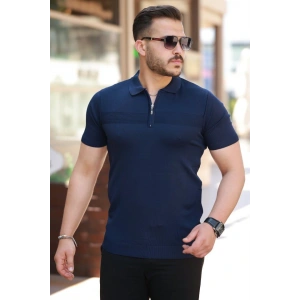 Erkek Göğüs Pirinç Desenli Fermuar Yakalı Kısa Kollu Tişört