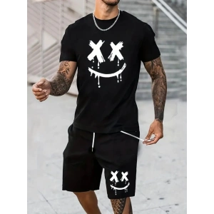 Erkek Kısa Kollu Bisiklet Yaka Baskılı Bluz Ipli Short Iki Iplik Takım
