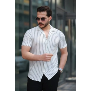 Erkek Kısa Kollu Gri çizgi Desenli örme Kumaş Pamuklu Gömlek