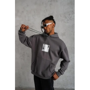 Erkek Ön Arka Baskılı Kapşonlu Sweat - Gri