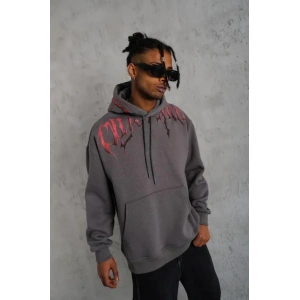 Erkek Ön Ve Arka Baskılı Kapüşonlu 3 İplik Sweatshirt - Füme