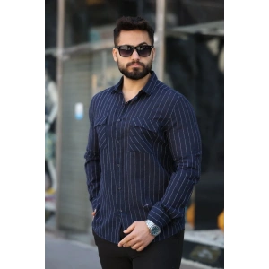 Erkek Pamuklu Çizgi Desenli Cep Detaylı Gömlek