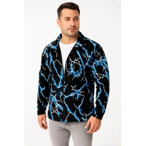 Erkek Tam Fermuarlı Desenli Polar Sweat Lightning Desen Yakalı, Uzun Kollu, Oversize Rahat Kalıp - Siyah