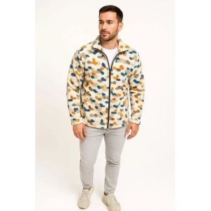 Erkek Tam Fermuarlı Desenli Polar Sweat – Siyah Multicolor Figür Desen Yakalı, Uzun Kollu, Oversize Rahat Kalıp- Beyaz