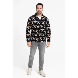 Erkek Tam Fermuarlı Desenli Polar Sweat – Siyah Multicolor Figür Desen Yakalı, Uzun Kollu, Oversize Rahat Kalıp- Siyah