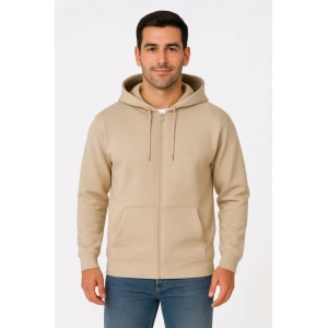 Erkek Üç İplik Kapüşonlu Tam Fermuarlı Kanguru Çepli SweatShirt Hoodie - Bej