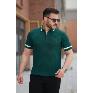 Erkek Yaka Ve Kolları çizgi Detaylı Fermuarlı Kısa Kollu T-shirt