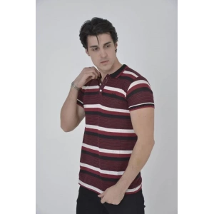 Erkek Yakalı Slim Fit Dokuma Çizgili T-Shirt - Bordo