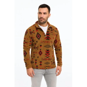 Erkek Yarım Fermuarlı Desenli Polar Sweat Tribal Etnik Desen Yakalı, Uzun Kollu, Oversize Rahat Kalıp, - Kahverengi