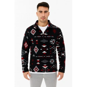 Erkek Yarım Fermuarlı Desenli Polar Sweat Tribal Etnik Desen Yakalı, Uzun Kollu, Oversize Rahat Kalıp, - Siyah