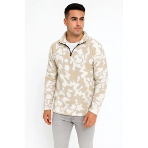Erkek Yarım Fermuarlı Desenli Polar Sweat Yakalı, Uzun Kollu, Oversize Rahat Kalıp - Bej