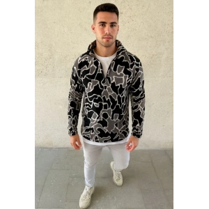 Erkek Yarım Fermuarlı Desenli Polar Sweat Yakalı, Uzun Kollu, Oversize Rahat Kalıp - Siyah